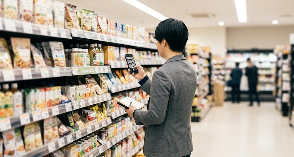 海外賣場貨架前實地調研、記錄通路
